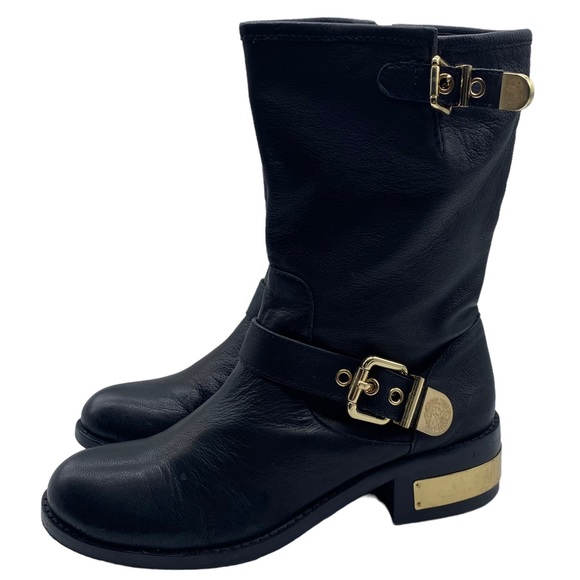 Vince Camuto Winchell Black Leather Mid-Calf Moto Boots Size 9.5